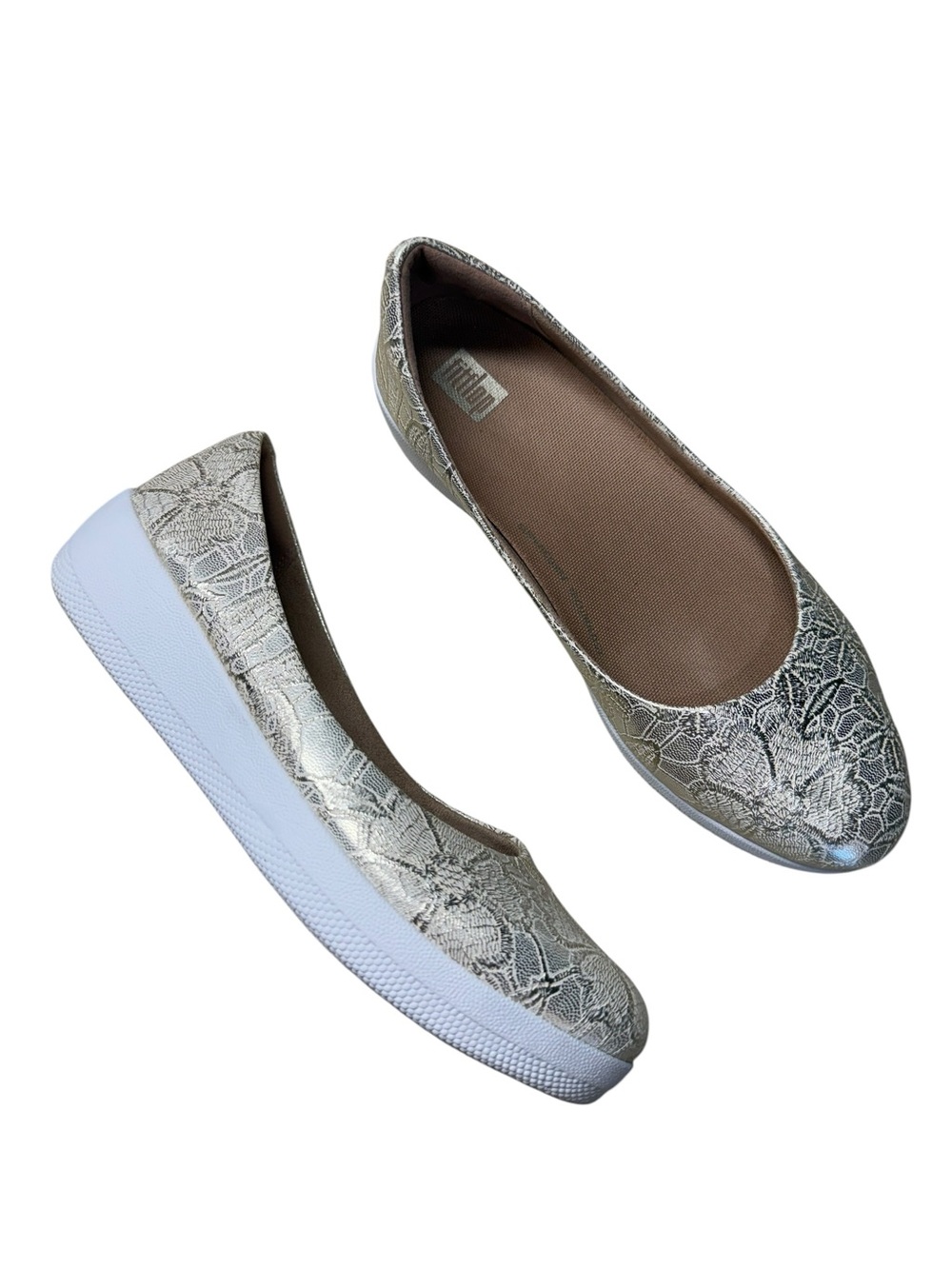 Fitflop Varya Flower Pale Gold Lace-Textured Women’s Slip-On Platform, US Size 7